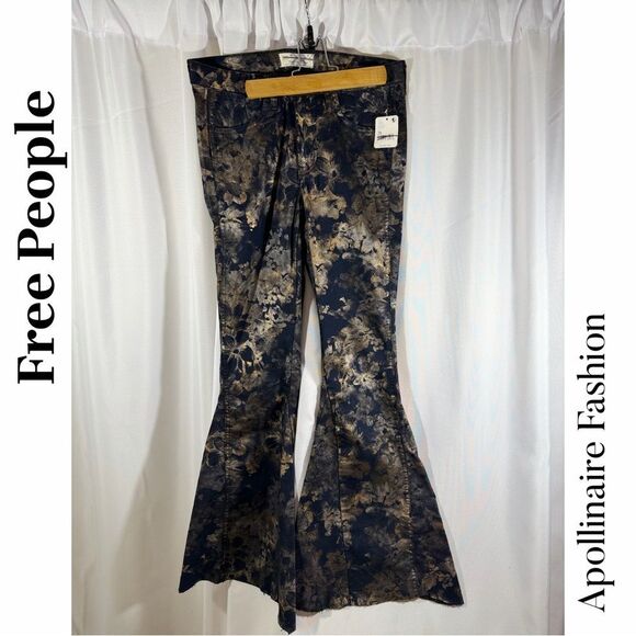 Free People Inferno Flare Jeans Black Gold Floral Motif Size 29 - Picture 5 of 9